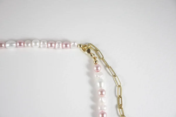 Makeanvedenhelminugetti- ja Lasihelmi Choker Kaulakoru Vaaleanpunainen-Valkoinen