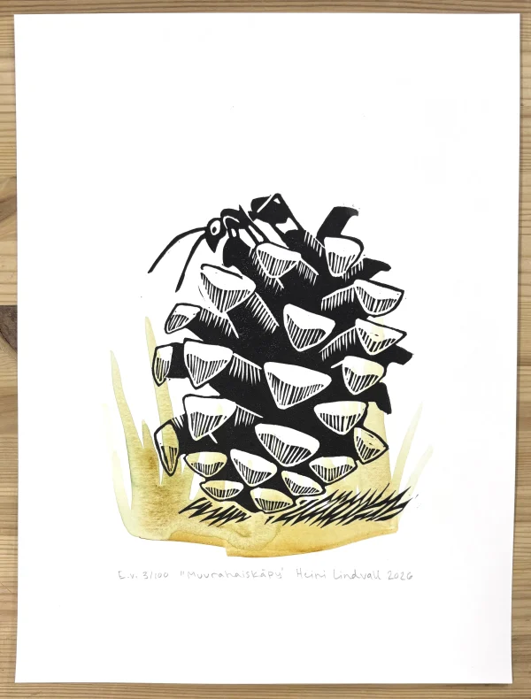 Muurahaiskäpy (E.v. 3/100) – linografiikka & akvarelli